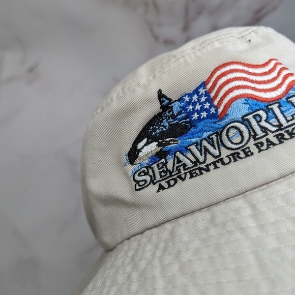 SeaWorld Hat Vintage 90s Bucket Beige Flag Shamu Cap Canvas Cotton Embroidered - Picture 9 of 9